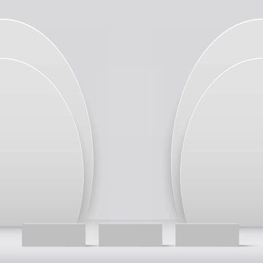 Ürün sunumu için beyaz arka planda beyaz kürsü. Vektör illüstrasyonu