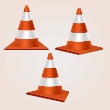 Set of traffic cones. Orange realistic road plastic cones with white striped. Vector illustration