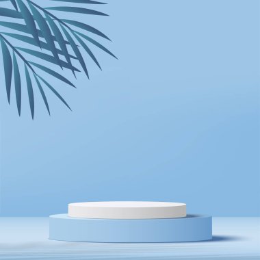 3D mavi podyum ve asgari mavi duvar sahnesi. 3D podyum, soyut arkaplan. Vektör illüstrasyonu