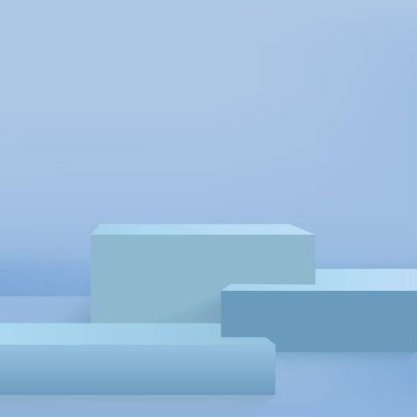 3D mavi podyum ve asgari mavi duvar sahnesi. 3D podyum, soyut arkaplan. Vektör illüstrasyonu