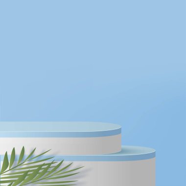 3D mavi podyum ve asgari mavi duvar sahnesi. 3D podyum, soyut arkaplan. Vektör illüstrasyonu
