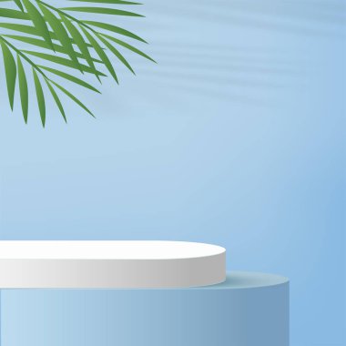 3D mavi podyum ve asgari mavi duvar sahnesi. 3D podyum, soyut arkaplan. Vektör illüstrasyonu