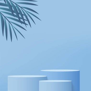 3D mavi podyum ve asgari mavi duvar sahnesi. 3D podyum, soyut arkaplan. Vektör illüstrasyonu