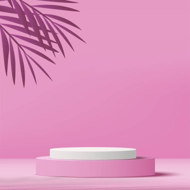 3D pembe podyum ve en az pembe duvar sahnesi. 3D podyum, soyut arkaplan. Vektör illüstrasyonu