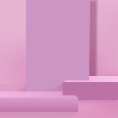 3D pembe podyum ve en az pembe duvar sahnesi. 3D podyum, soyut arkaplan. Vektör illüstrasyonu