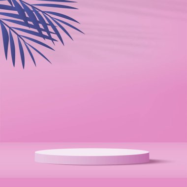 3D pembe podyum ve en az pembe duvar sahnesi. 3D podyum, soyut arkaplan. Vektör illüstrasyonu