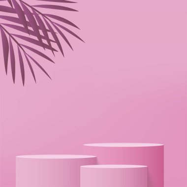 3D pembe podyum ve en az pembe duvar sahnesi. 3D podyum, soyut arkaplan. Vektör illüstrasyonu