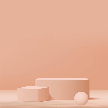3D krem rengi podyum ve en az krem rengi duvar sahnesi. 3D podyum, soyut arkaplan. Vektör illüstrasyonu