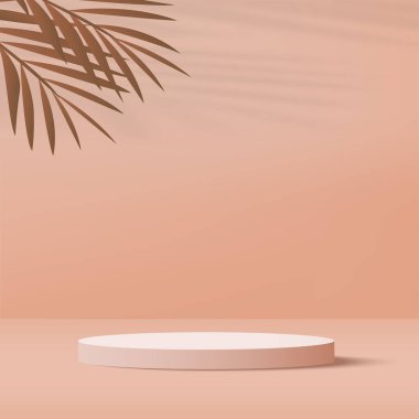 3D krem rengi podyum ve en az krem rengi duvar sahnesi. 3D podyum, soyut arkaplan. Vektör illüstrasyonu
