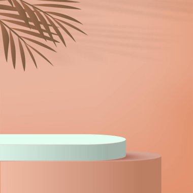 3D krem rengi podyum ve en az krem rengi duvar sahnesi. 3D podyum, soyut arkaplan. Vektör illüstrasyonu