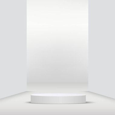 Ürün sunumu için beyaz arka planda beyaz kürsü. Vektör illüstrasyonu