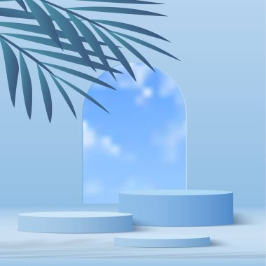 3d blue podium and minimal blue wall scene. 3d podium minimal blue sky background. Vector illustration