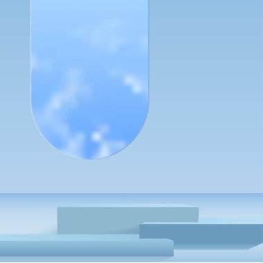 3D mavi podyum ve asgari mavi duvar sahnesi. 3d podyum, en az mavi gökyüzü arkaplanı. Vektör illüstrasyonu