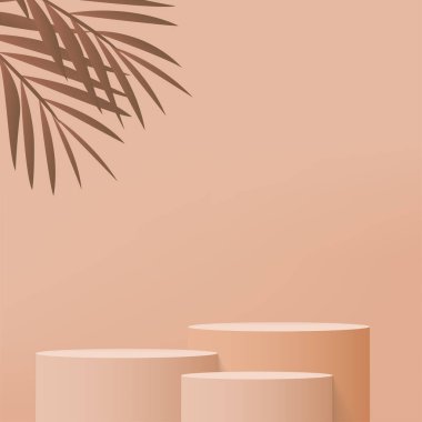 3D krem rengi podyum ve en az krem rengi duvar sahnesi. 3D podyum, soyut arkaplan. Vektör illüstrasyonu