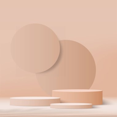 3D krem rengi podyum ve en az krem rengi duvar sahnesi. 3D podyum, soyut arkaplan. Vektör illüstrasyonu