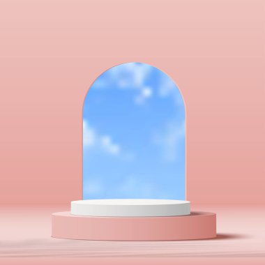 3D pembe podyum ve asgari mavi duvar sahnesi. 3D podyum minimum bulut sahnesi. Vektör illüstrasyonu