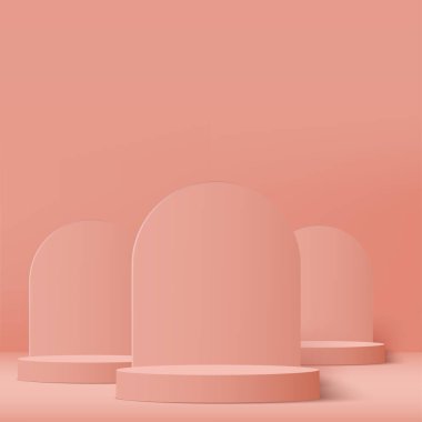 3D pembe podyum ve en az pembe duvar sahnesi. 3D podyum, soyut arkaplan. Vektör illüstrasyonu