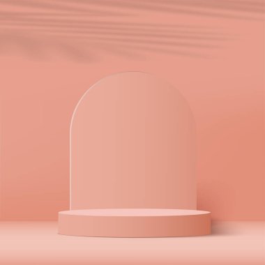 3D pembe podyum ve en az pembe duvar sahnesi. 3D podyum, soyut arkaplan. Vektör illüstrasyonu