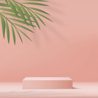 3D pembe podyum ve en az pembe duvar sahnesi. 3D podyum, soyut arkaplan. Vektör illüstrasyonu