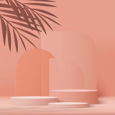 3D pembe podyum ve en az pembe duvar sahnesi. 3D podyum, soyut arkaplan. Vektör illüstrasyonu