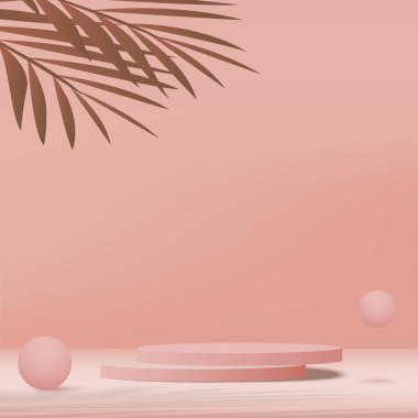 3D pembe podyum ve en az pembe duvar sahnesi. 3D podyum, soyut arkaplan. Vektör illüstrasyonu