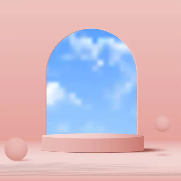Розовый Подиум Минимальная Синяя Стена Сцены Трехмерная Сцена Минимальными Облаками — стоковый вектор