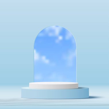 3D mavi podyum ve asgari mavi duvar sahnesi. 3D podyum minimum bulut sahnesi. Vektör illüstrasyonu