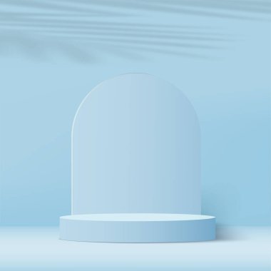 3D mavi renkli podyum ve en az mavi renkli duvar sahnesi. 3D podyum, soyut arkaplan. Vektör illüstrasyonu