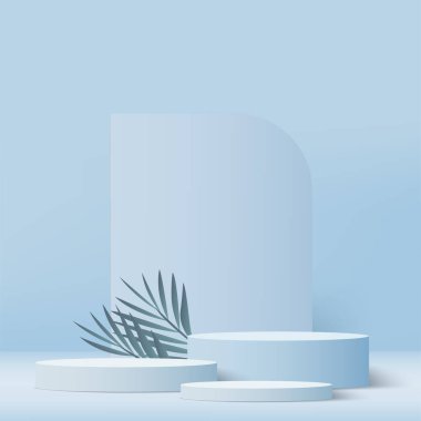 Print3d mavi renkli podyum ve en az mavi renkli duvar sahnesi. 3D podyum, soyut arkaplan. Vektör illüstrasyonu