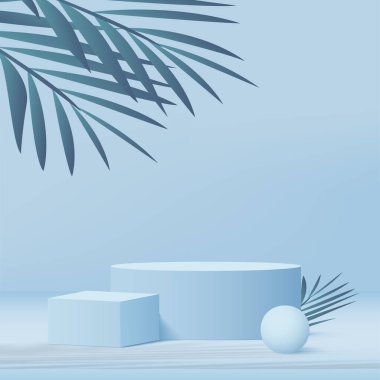 Print3d mavi renkli podyum ve en az mavi renkli duvar sahnesi. 3D podyum, soyut arkaplan. Vektör illüstrasyonu
