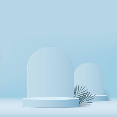 Print3d mavi renkli podyum ve en az mavi renkli duvar sahnesi. 3D podyum, soyut arkaplan. Vektör illüstrasyonu