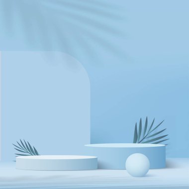 Print3d mavi renkli podyum ve en az mavi renkli duvar sahnesi. 3D podyum, soyut arkaplan. Vektör illüstrasyonu