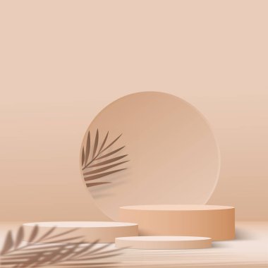 3D krem rengi podyum ve en az krem rengi duvar sahnesi. 3D podyum, soyut arkaplan. Vektör illüstrasyonu