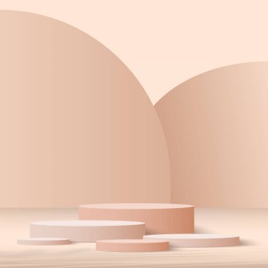 3D krem rengi podyum ve en az krem rengi duvar sahnesi. 3D podyum, soyut arkaplan. Vektör illüstrasyonu