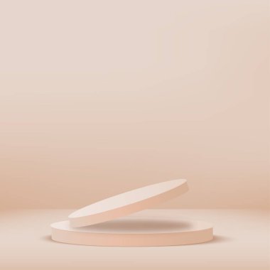 3D krem rengi podyum ve en az krem rengi duvar sahnesi. 3D podyum, soyut arkaplan. Vektör illüstrasyonu