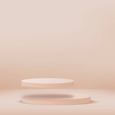 3D krem rengi podyum ve en az krem rengi duvar sahnesi. 3D podyum, soyut arkaplan. Vektör illüstrasyonu