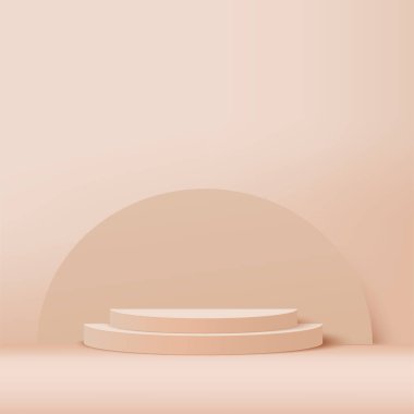 3D krem rengi podyum ve en az krem rengi duvar sahnesi. 3D podyum, soyut arkaplan. Vektör illüstrasyonu