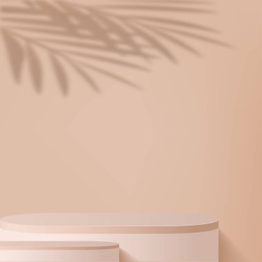 3D krem rengi podyum ve en az krem rengi duvar sahnesi. 3D podyum, soyut arkaplan. Vektör illüstrasyonu