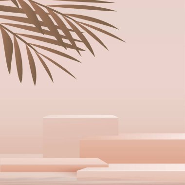 3D krem rengi podyum ve en az krem rengi duvar sahnesi. 3D podyum, soyut arkaplan. Vektör illüstrasyonu