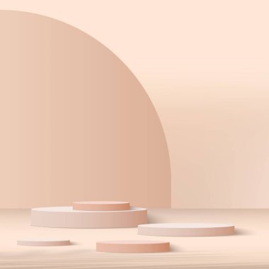3D krem rengi podyum ve en az krem rengi duvar sahnesi. 3D podyum, soyut arkaplan. Vektör illüstrasyonu