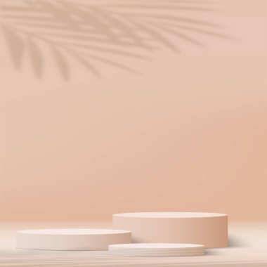 3D krem rengi podyum ve en az krem rengi duvar sahnesi. 3D podyum, soyut arkaplan. Vektör illüstrasyonu