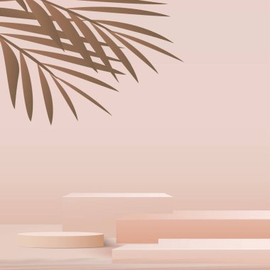 3D krem rengi podyum ve en az krem rengi duvar sahnesi. 3D podyum, soyut arkaplan. Vektör illüstrasyonu