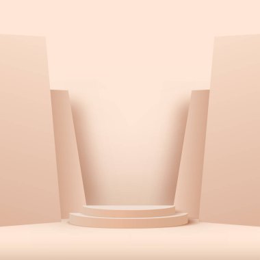 3D krem rengi podyum ve en az krem rengi duvar sahnesi. 3D podyum, soyut arkaplan. Vektör illüstrasyonu