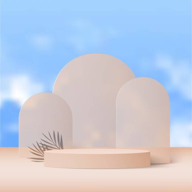 3D krem rengi podyum ve en az krem rengi duvar sahnesi. 3D podyum, soyut arkaplan. Vektör illüstrasyonu
