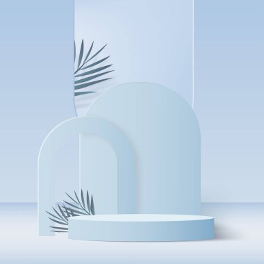 3D mavi renkli podyum ve en az mavi renkli duvar sahnesi. 3D podyum, soyut arkaplan. Vektör illüstrasyonu