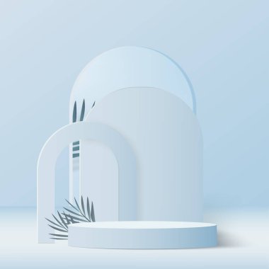 3D mavi renkli podyum ve en az mavi renkli duvar sahnesi. 3D podyum, soyut arkaplan. Vektör illüstrasyonu