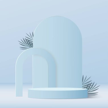 3D mavi renkli podyum ve en az mavi renkli duvar sahnesi. 3D podyum, soyut arkaplan. Vektör illüstrasyonu