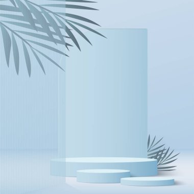 3D mavi renkli podyum ve en az mavi renkli duvar sahnesi. 3D podyum, soyut arkaplan. Vektör illüstrasyonu