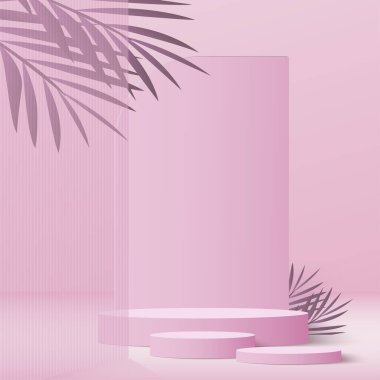 3d pink color podium and minimal pink color wall scene. 3d podium minimal abstract background. Vector illustration