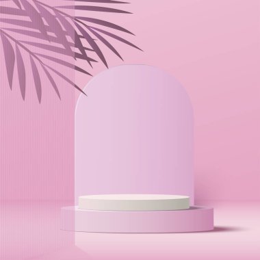 3d pink color podium and minimal pink color wall scene. 3d podium minimal abstract background. Vector illustration